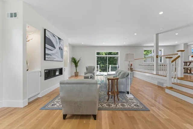 a living room with fireplace furniture and a table