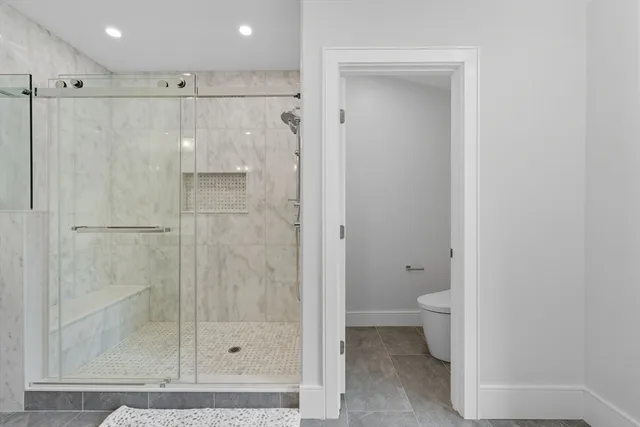 a bathroom with a shower and a toilet