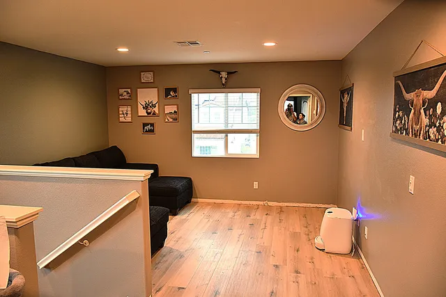 a living room with a couch and a table