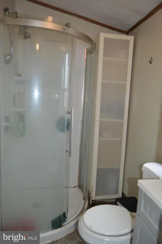 a white toilet sitting next to a shower