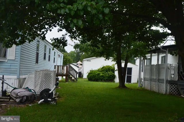 a backyard of a house with table and chairs plants and large tree