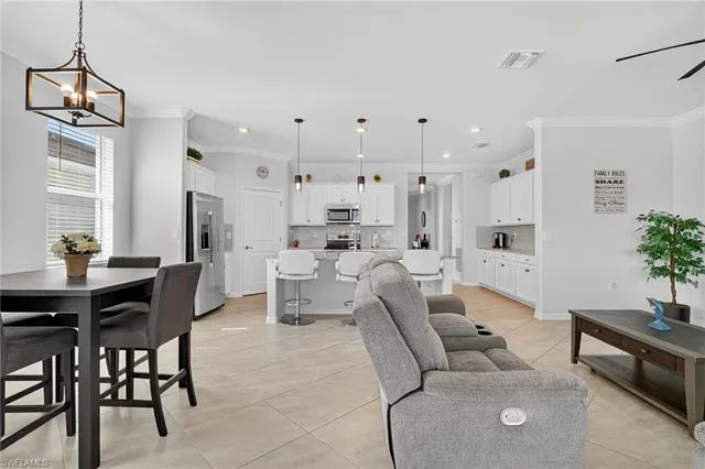 a living room with furniture a dining table a rug a potted plant and a window