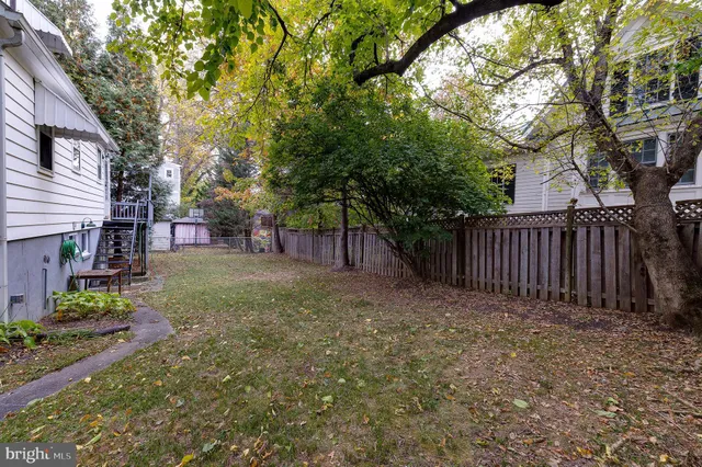 a view of a backyard with wooden fence and a large tree