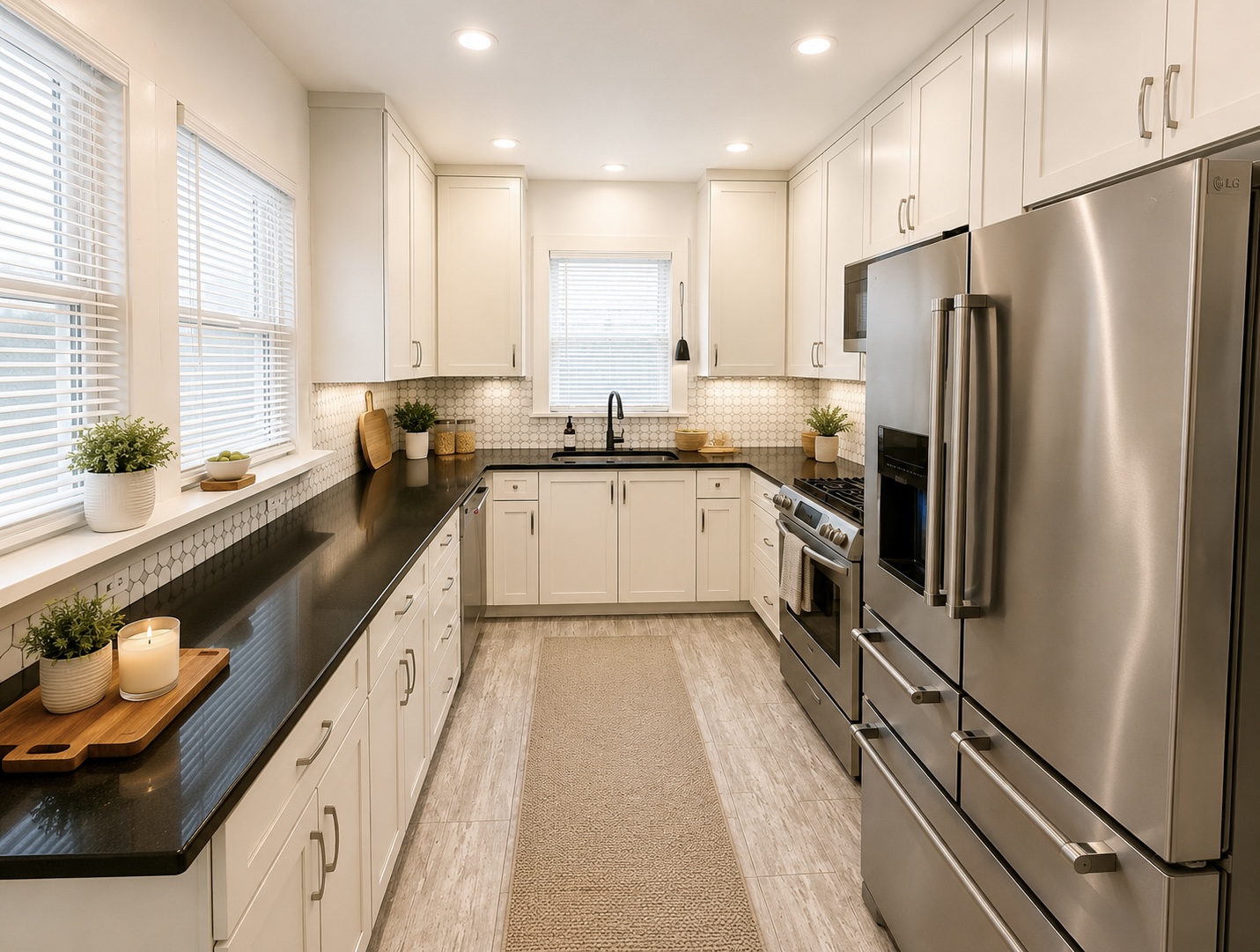 423 South Main Street Lockhart, TX 78644 - Photo 6 of 26 Galley kitchen featuring white cabinetry, dark countertops, stainless steel appliances, a tiled backsplash, and recessed lighting