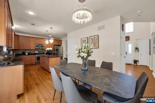 a view of a dining room with furniture