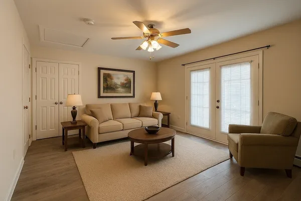 a living room with furniture and a rug