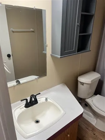 a bathroom with a toilet and a shower curtain