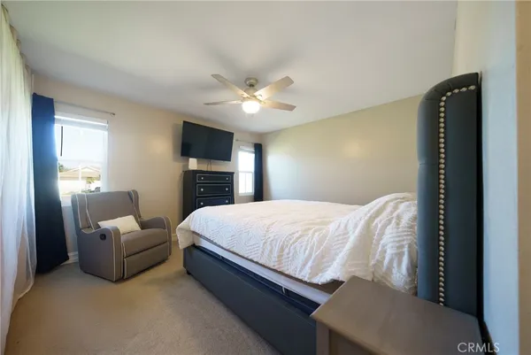 a bedroom with a bed and a couch