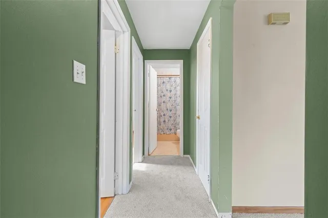 a view of a hallway with windows