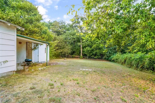 a view of a backyard with a tree
