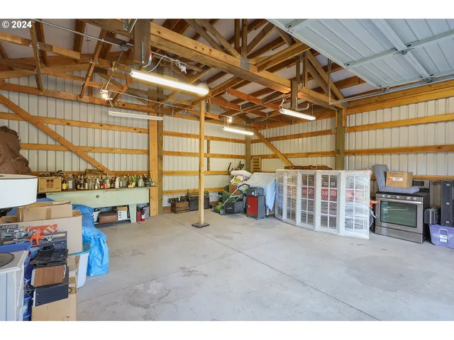 a view of a garage with storage