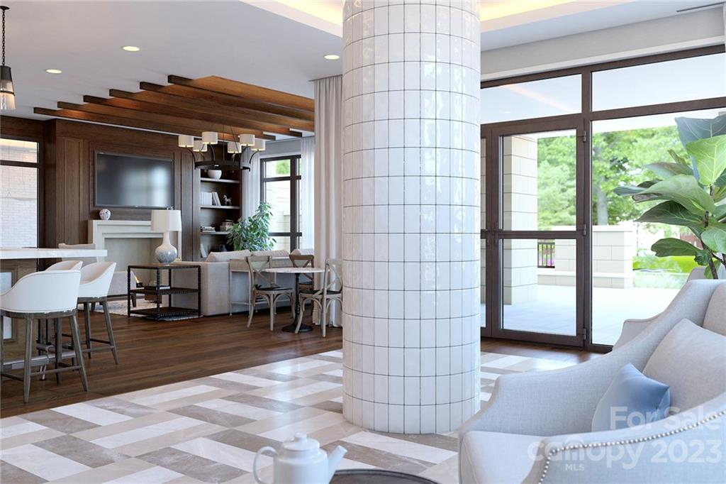 130 Cherokee Road, Unit 103 Charlotte, NC 28207 - Photo 13 of 29 a living room with furniture and a floor to ceiling window