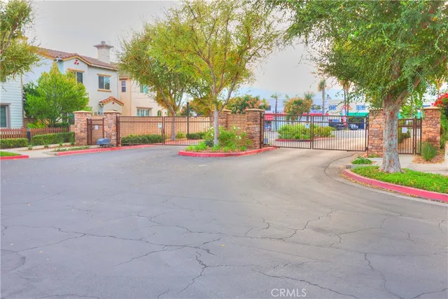 a view of a fountain with a park