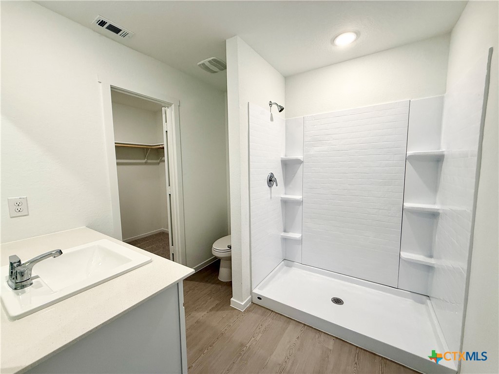 311 Moscato Road New Braunfels, TX 78130 - Photo 16 of 38 a bathroom with a shower a sink and a mirror