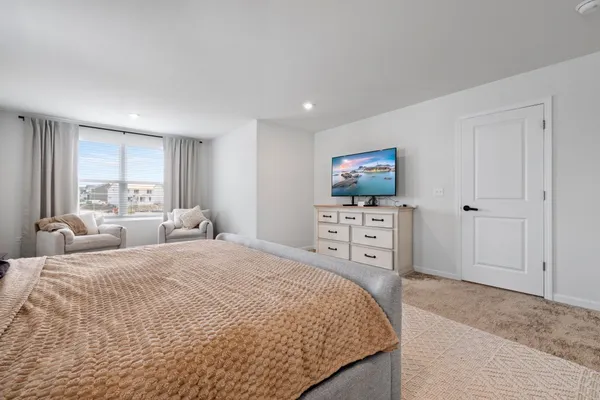 a bedroom with a bed and a flat screen tv