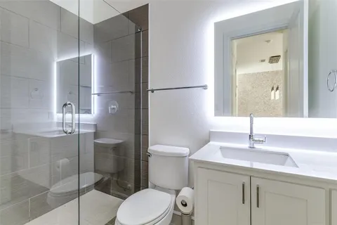 a bathroom with a sink toilet and shower