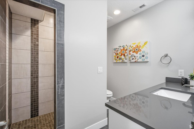 21 Pier Place Tooele, UT 84074 - Photo 48 of 112 Bathroom featuring a tiled shower with a mosaic accent strip, a white rectangular sink, and a dark countertop