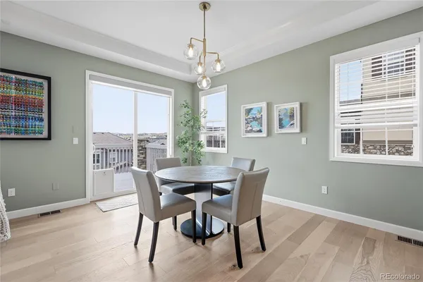 a view of a dining room with furniture window and outside view