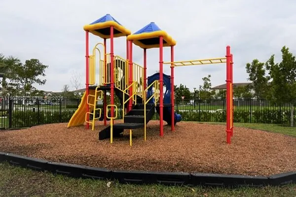a view of a park with slide