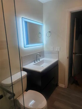 a bathroom with a shower and a toilet