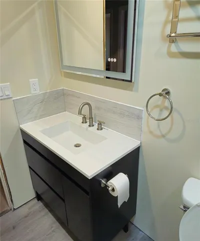 a bathroom with a sink vanity and toilet