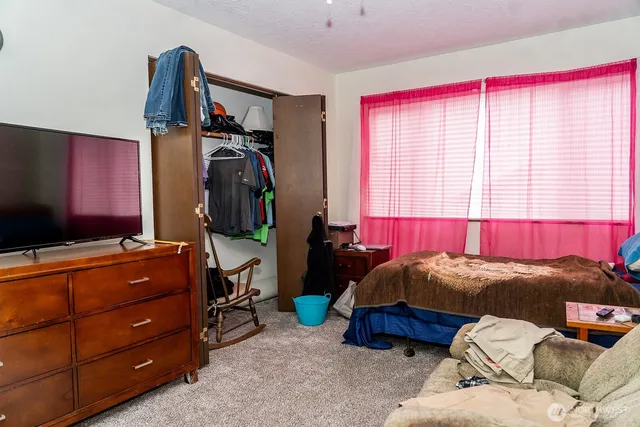 a bed room with a bed and a television