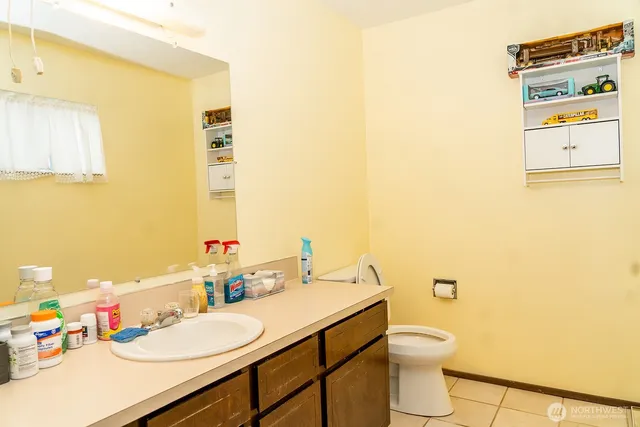 a bathroom with a sink mirror vanity and toilet