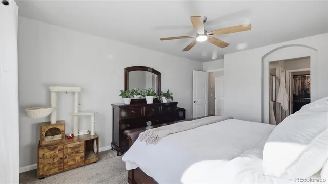 a bedroom with a bed a potted plant and dresser