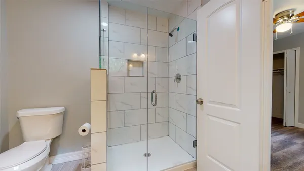 a bathroom with a shower and toilet