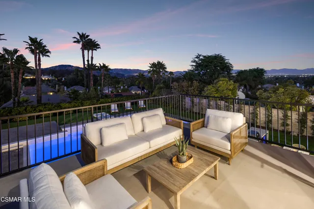 a view of a patio with table and chairs potted plants and palm tree