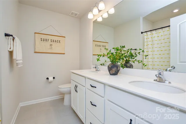 a bathroom with a sink a toilet and a large mirror