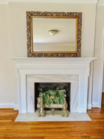 a view of fireplace with wooden floor