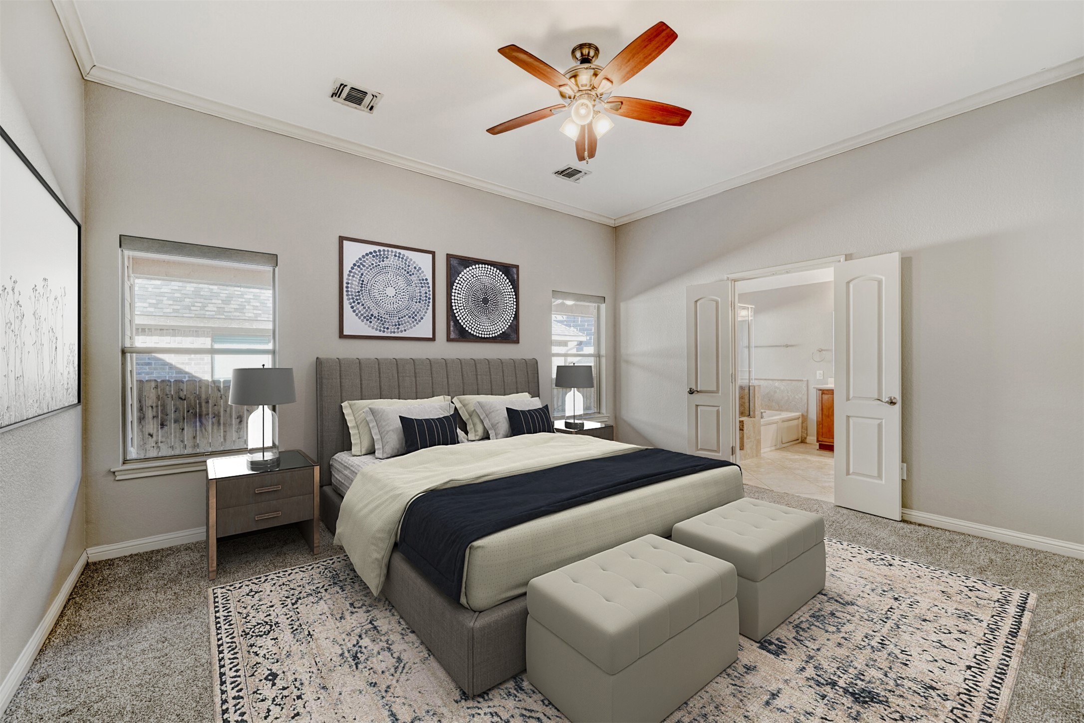 2431 Santa Barbara Loop Round Rock, TX 78665 - Photo 19 of 34 Carpeted bedroom featuring ornamental molding, a ceiling fan, and connected bathroom