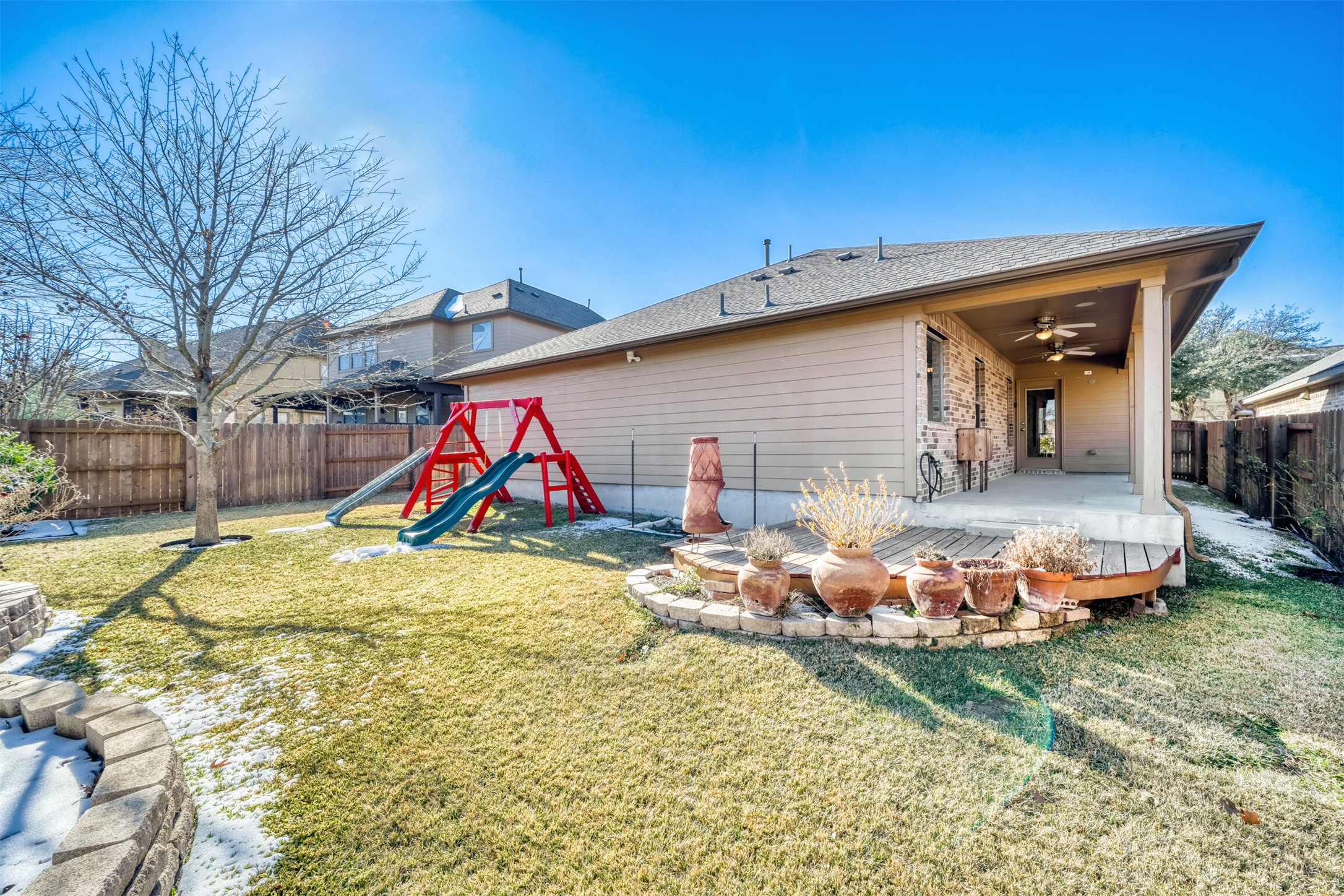 2431 Santa Barbara Loop Round Rock, TX 78665 - Photo 33 of 34 Back of house with a fenced backyard, a ceiling fan, a playground, a patio area, and a shingled roof