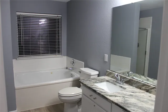 a bathroom with a granite countertop toilet a sink and a bathtub
