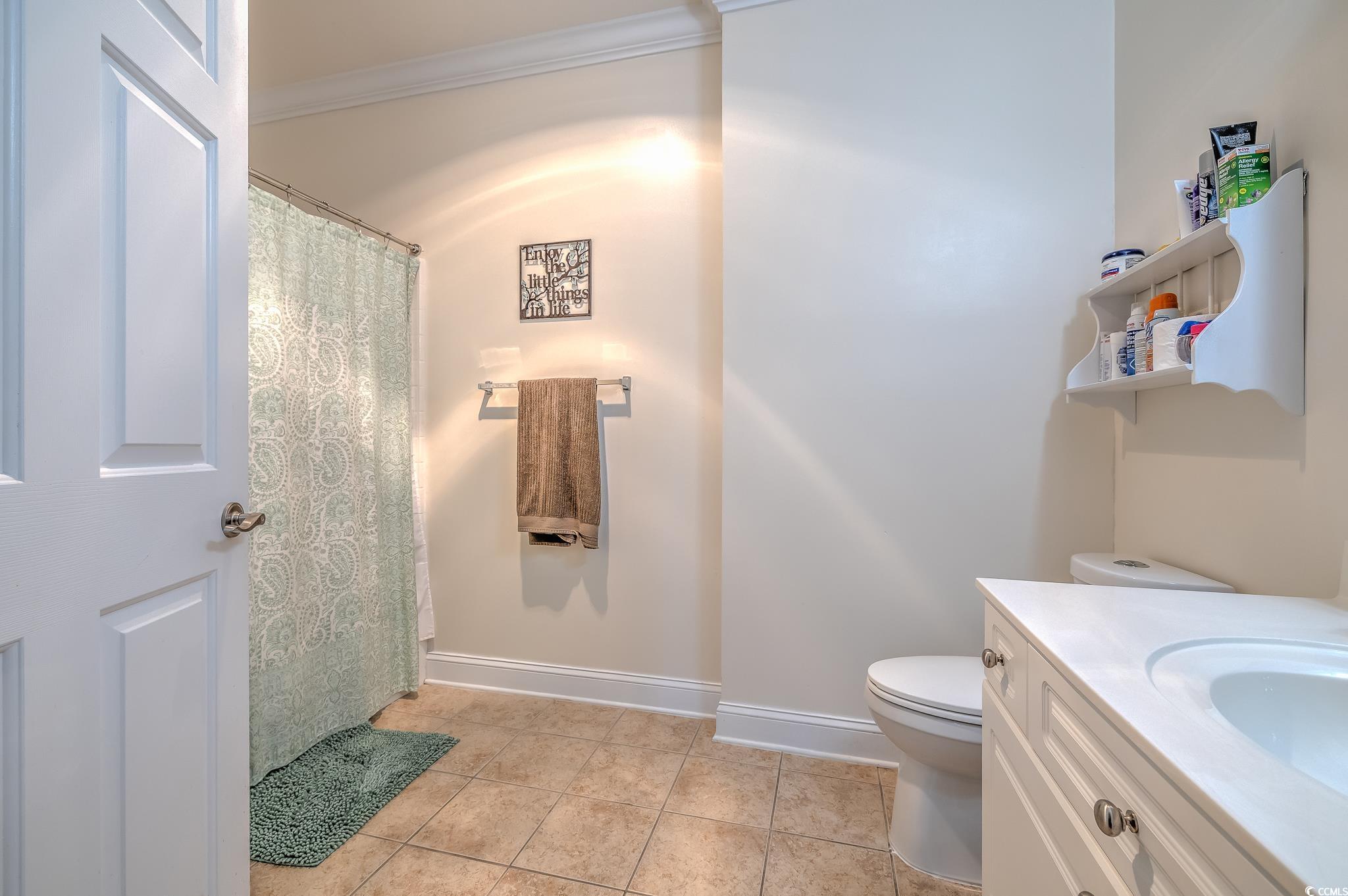 719 Shearwater Court, Unit 303 Murrells Inlet, SC 29576 - Photo 20 of 20 Full bathroom featuring a shower with curtain, vanity, ornamental molding, and light tile patterned flooring