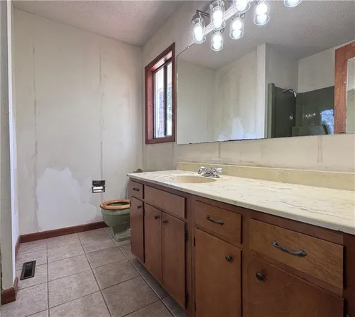 a bathroom with a sink a toilet and mirror