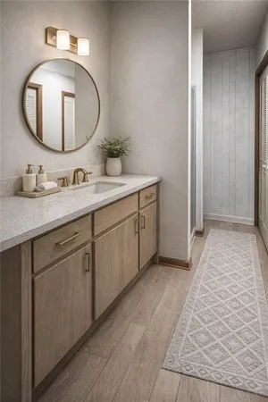 a en suite bathroom with a double vanity sink and a mirror