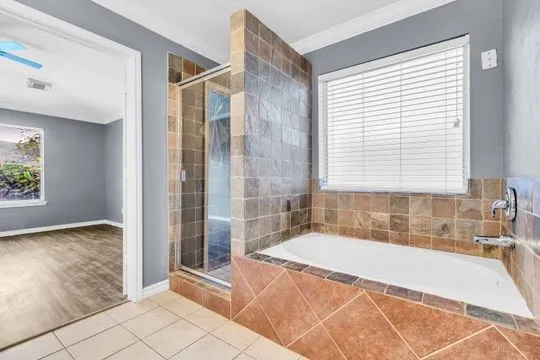 a bathroom with a bathtub and shower