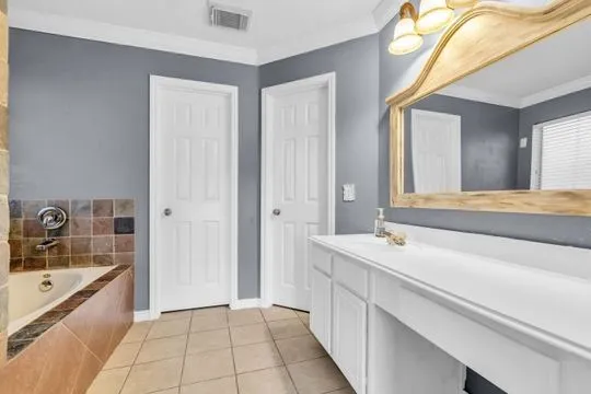 a bathroom with a sink a mirror and a bathtub