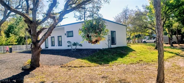 a view of a backyard with large tree