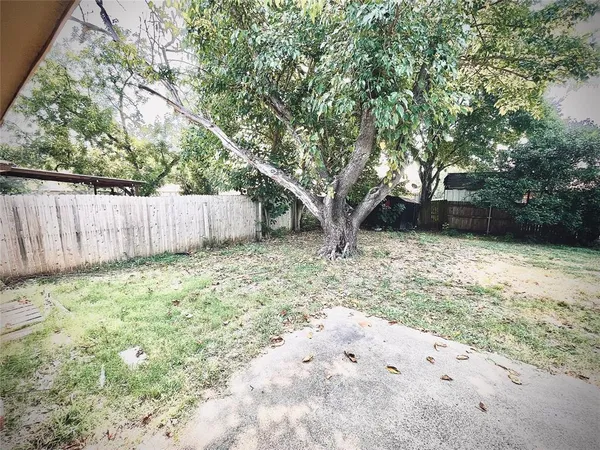 a backyard of a house with large trees and wooden fence