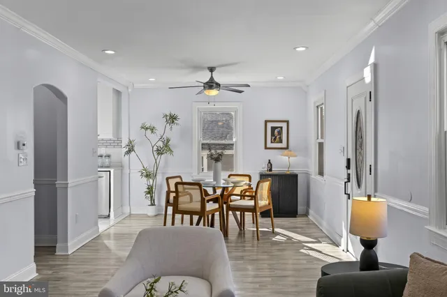 a view of a dining room with furniture