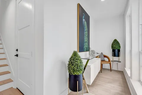 a living room with furniture and a potted plant