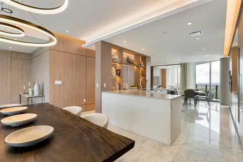 a view of a dining room with furniture