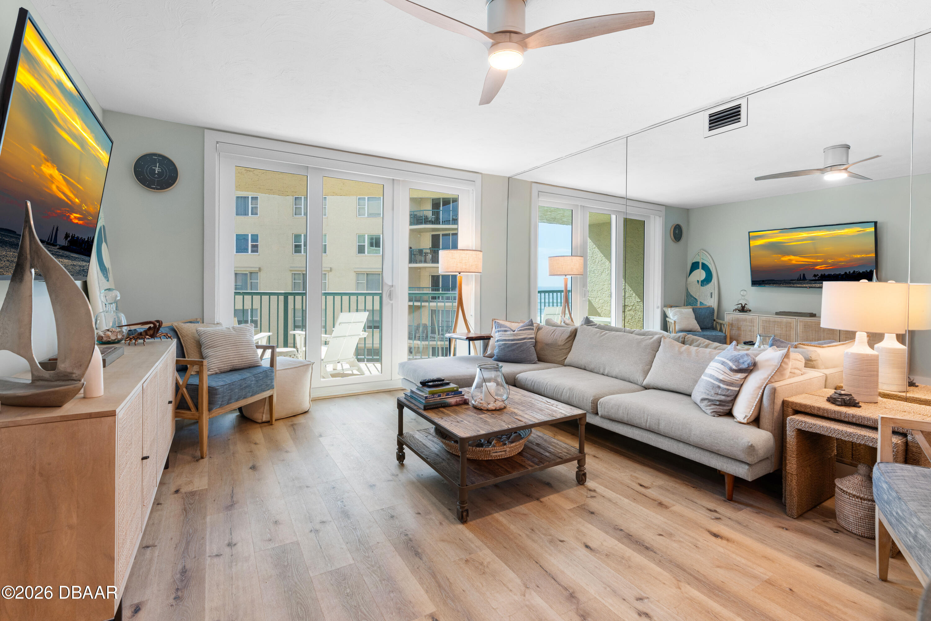 4565 South Atlantic Avenue, Unit 5410 Ponce Inlet, FL 32127 - Photo 24 of 67 a living room with furniture flat screen tv and a large window