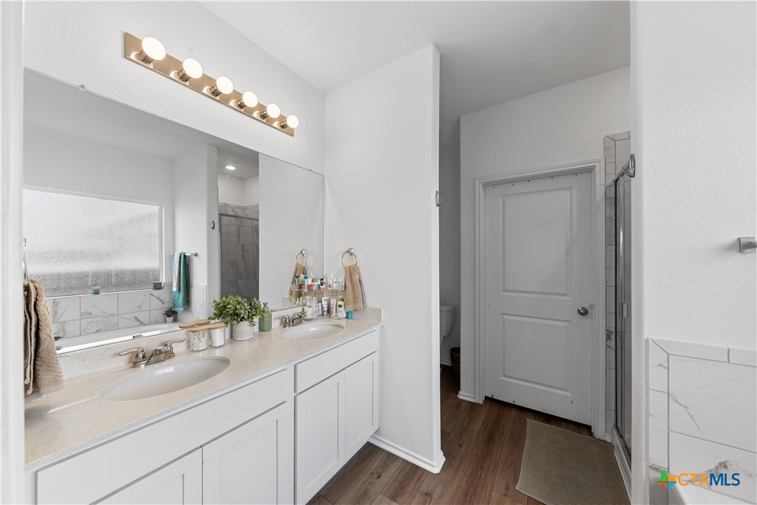 129 Rowdy Yates Way Jarrell, TX 76537 - Photo 19 of 41 a bathroom with a double vanity sink and mirror