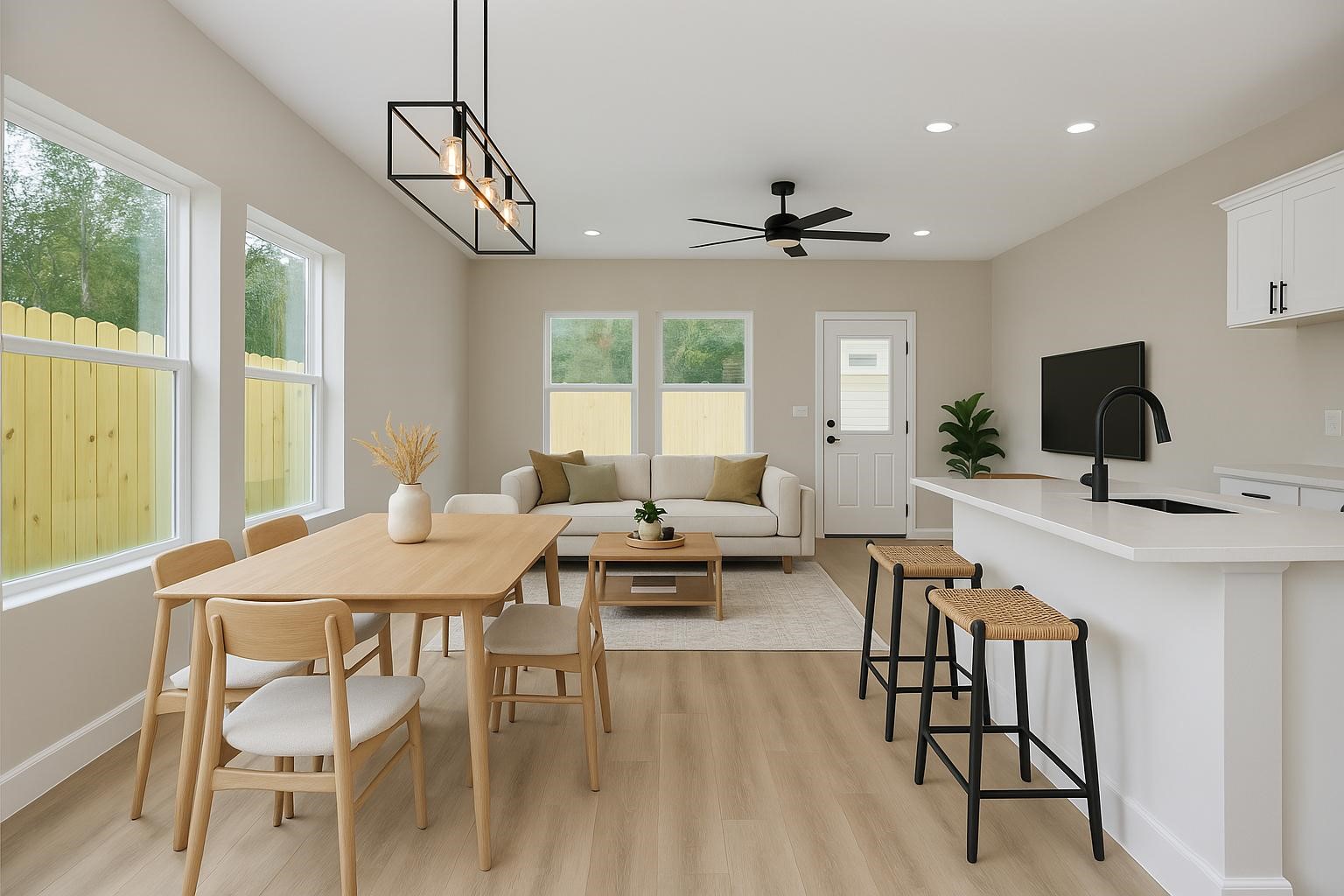 a living room with furniture a flat screen tv and a large window