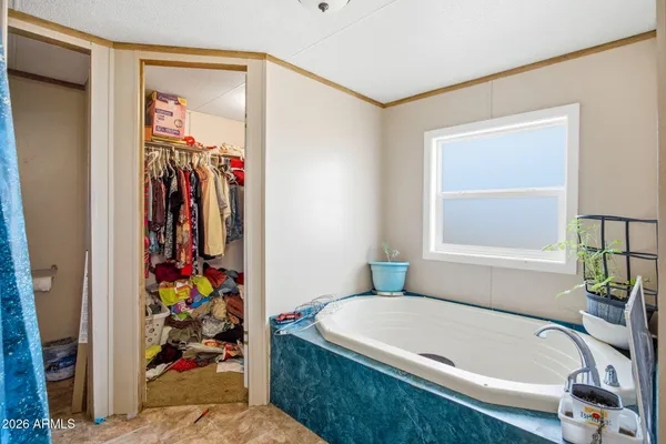 a bathroom with a tub and a window