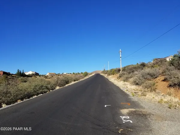 a view of a dry yard with trees in the background